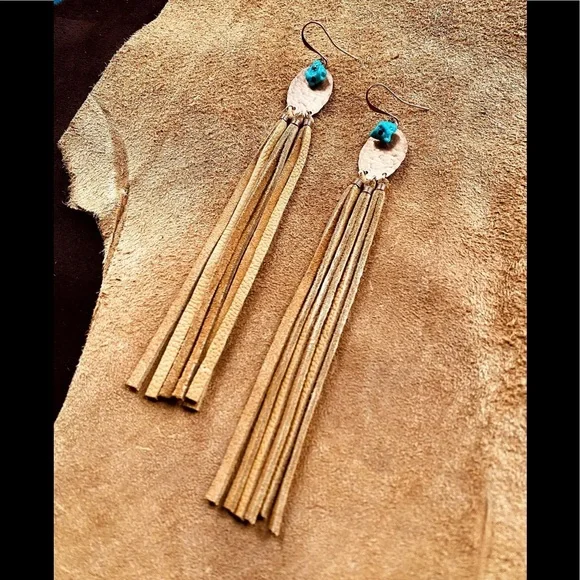 NWOT Artisan Turquoise, Copper, & Leather earrings - Picture 1 of 6